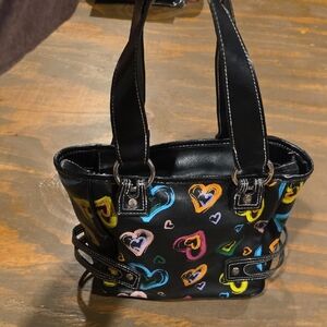 Black Shoulder Tote with Multicolor Heart Print